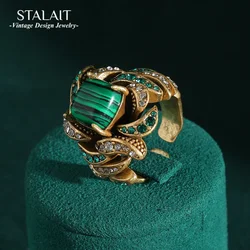 Vintage Jewelry Flower Full Crystal Green Malachite Rings for Woman Gold Color Party Gift Boho Wedding New Arrival 2024