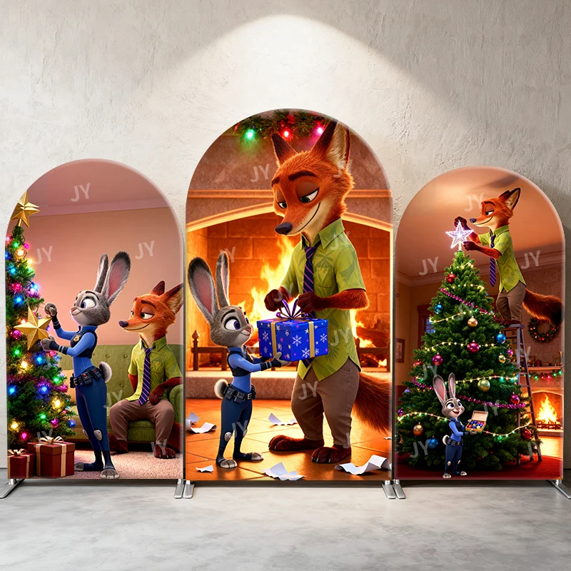 

Zootopia Christmas Arch Backdrop Cover Nick & Judy Holiday Decor Photo Booth Prop for Christmas Party Kids' Birthday Decoration