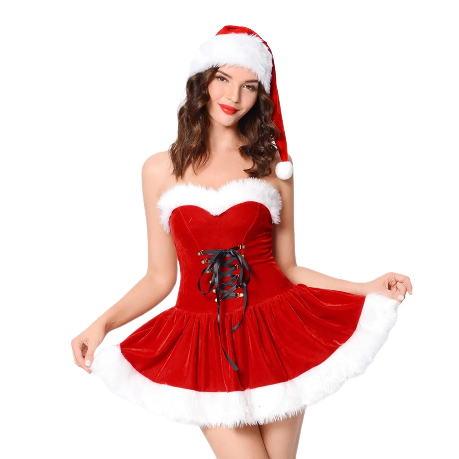 Mulheres vermelho sem alças vestidos borda peluda vermelho retro santa mini vestido fino cor sólida sem mangas querida pescoço roupa de natal