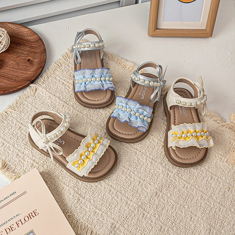 Girls Sandals Sweet Ruffled Breathable Kids Beach Shoes Soft Sole Cute Beading 2026 Summer New Children Princess Shoes Anti-slip