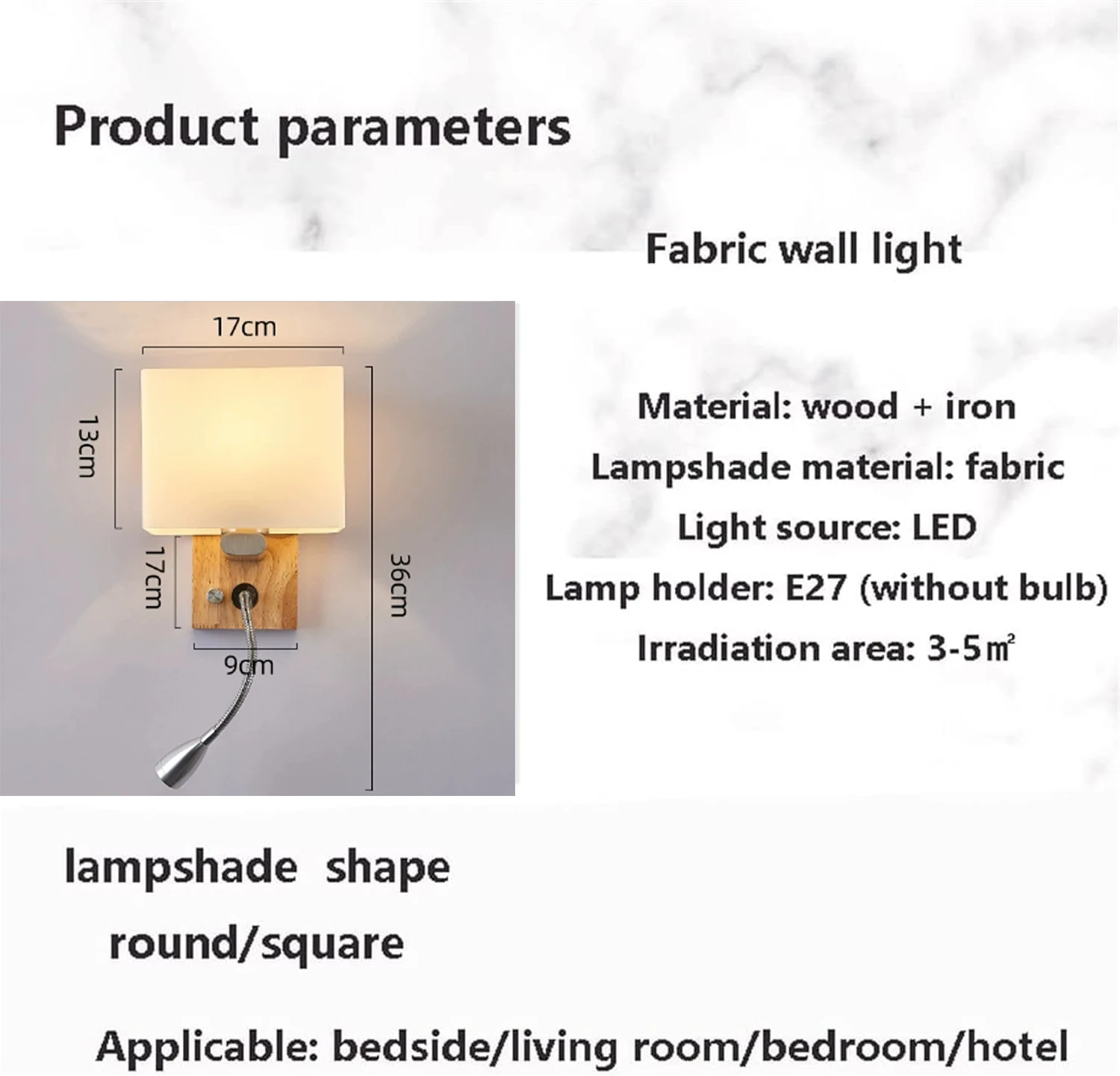 Wooden Wall Light With Oval/Rectangle Fabric Shade, Base Switch Vanity Light, Bedroom Frosted-glass Wall Sconce