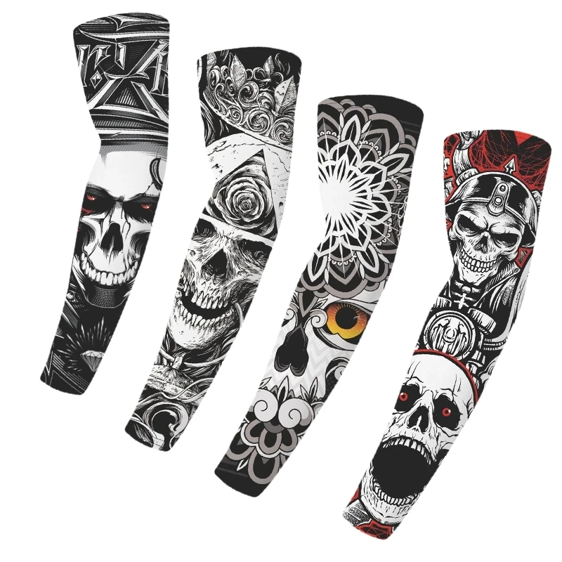 Cooling Skull Tattoo Sleeves for Men, Cycling, Running, UV Sun Protection, Cuff Cover, Outdoor Sports Arm Warmers, Elbow Sleeve