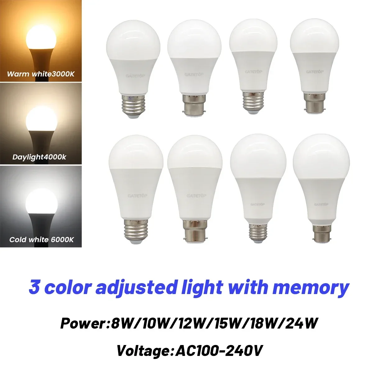 3pcs Energy saving 3 Color Temperature Bulb AC110V 220V E27 B22 18W 24W CCT Memory Function Color Temp Reset Light for Bedroom