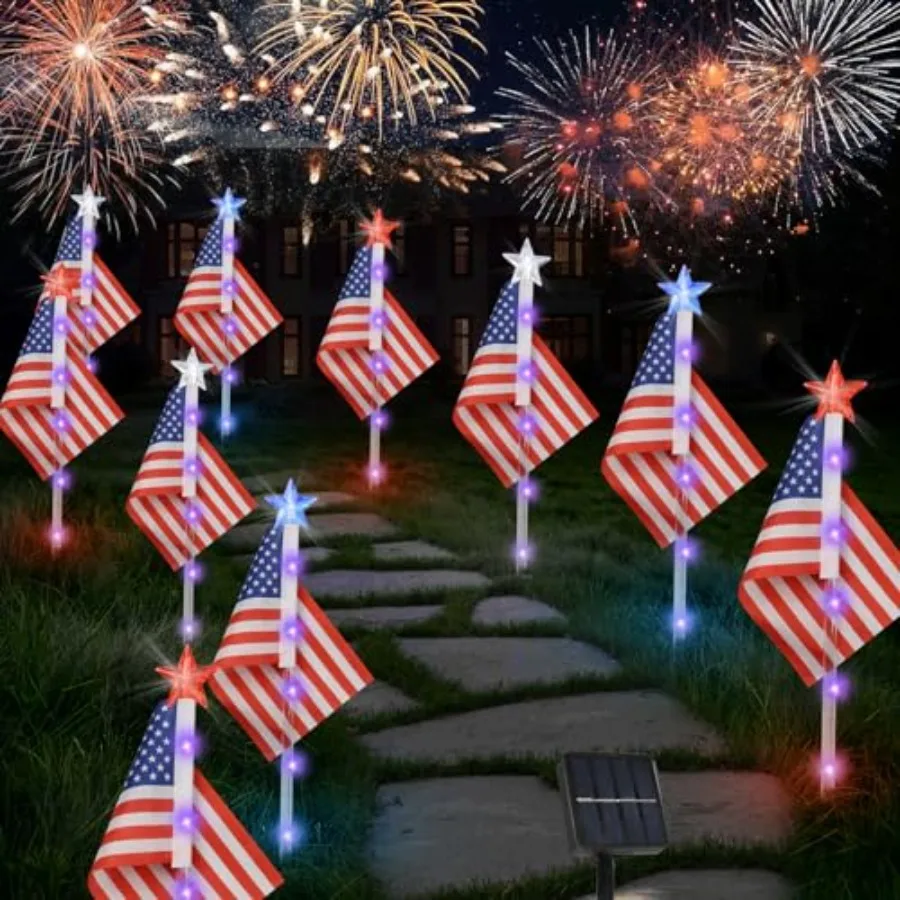 4th of July Decorations Outdoor American Flag Lights, 6-Pack Red White and Blue Solar Stars Lights with 6 USA Flags and 30LED,