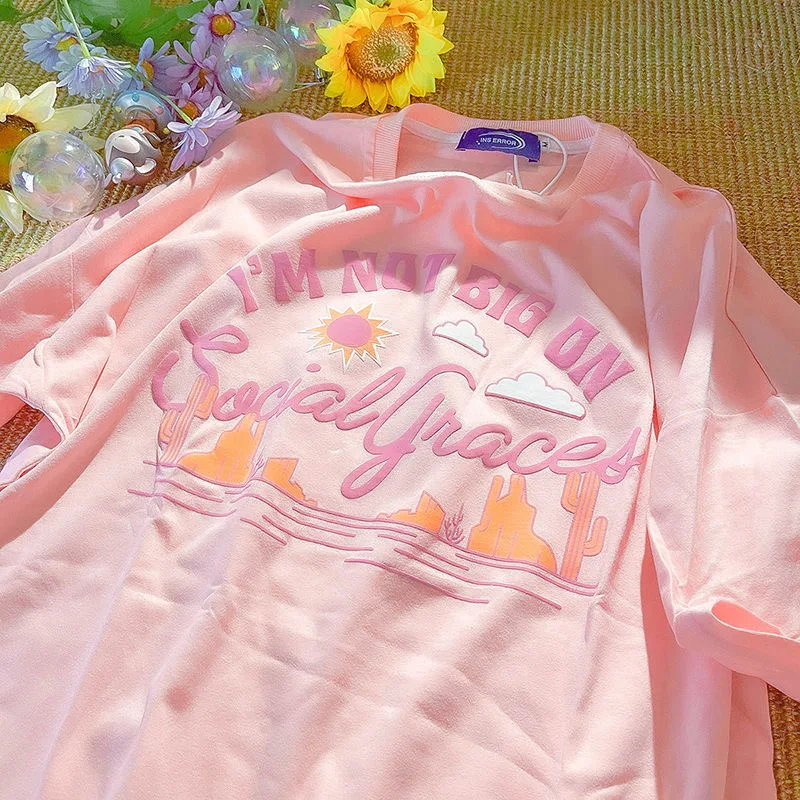 تيشيرت نسائي صيفي 2022 مطبوع عليه حروف وردية 100% قطن بأكمام قصيرة هاراجوكو تي شيرت كبير الحجم للسيدات لطيف وجميل