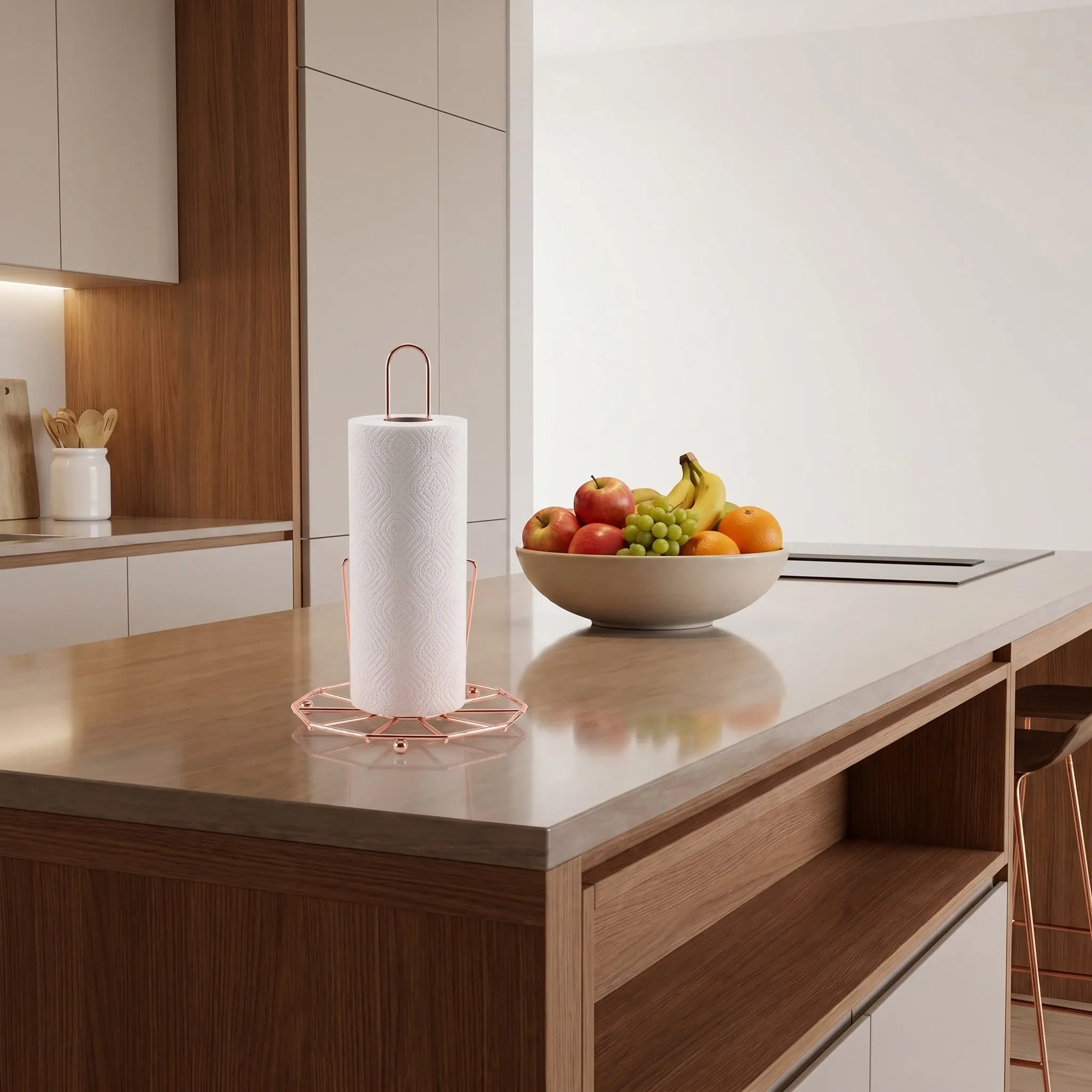 Rose Gold Standing Paper Towel Holder – Countertop Metal Rack for Kitchen & Living Room, Easy Access, Large Capacity