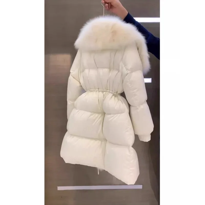 Winter Intensification Coat Sense of Advanced Temperament Medium-length White Large Fur Collar Down Padded Jacket Female Winter