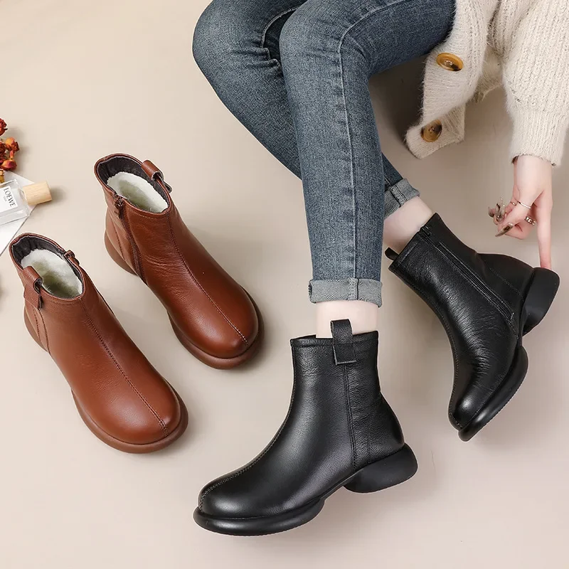 2024 Winter new style genuine leather thick-soled round-toe British style boots for women with thick heels