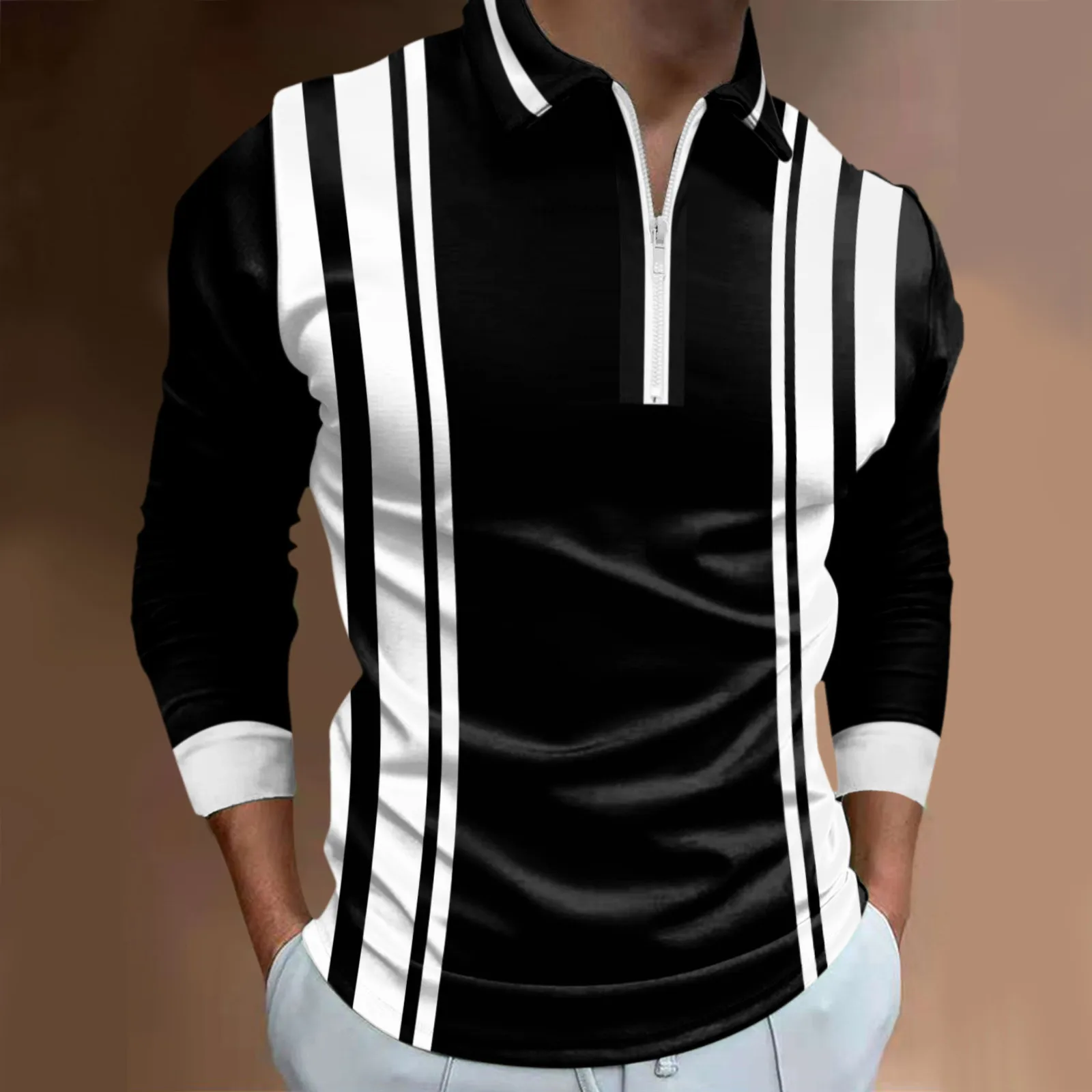 New Fashion Striped Men's Polos T-Shirts Long Sleeve 3D Printed Street Male Zippers POLO Tee 6XL Plus Size Casual Tops