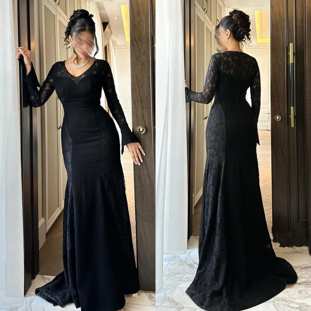 Customized Matching Classic Jersey Lace Mermaid V-neck Long Dresses Bespoke Occasion Dresses Sizes Available High Quality Retro