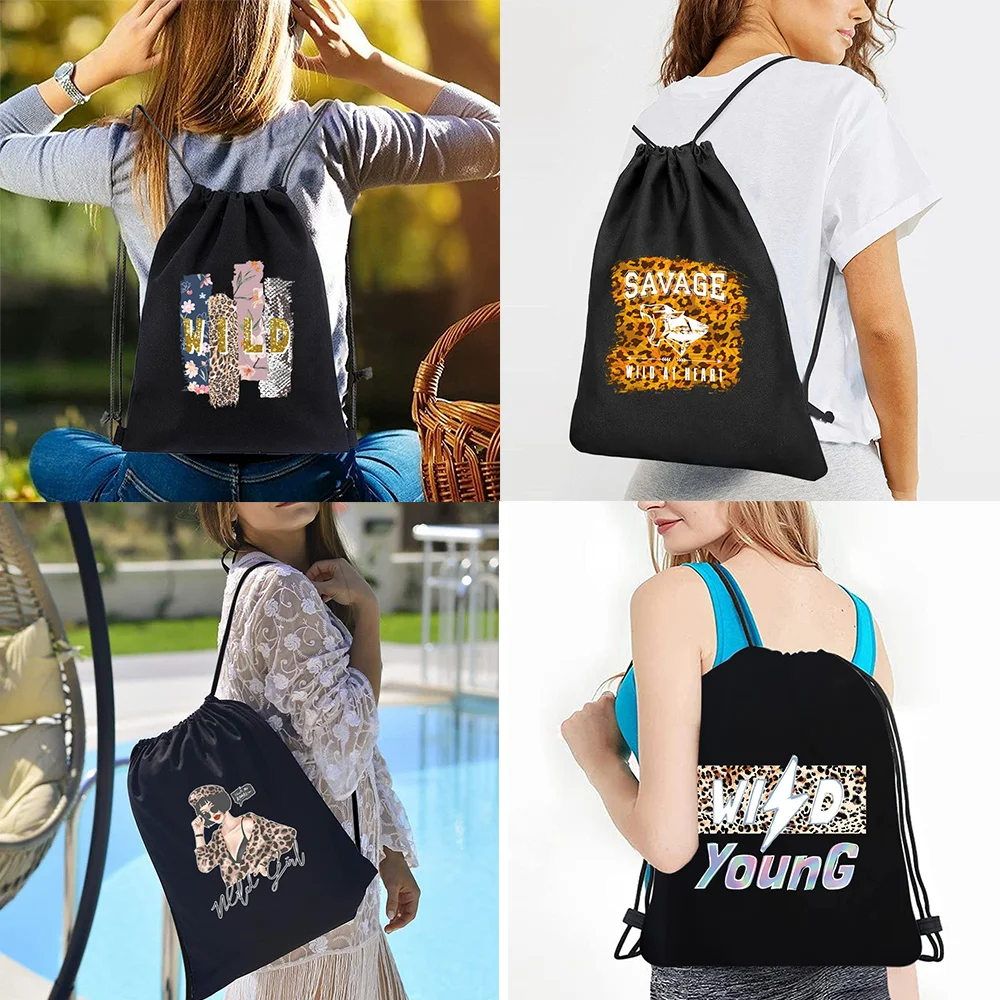 Mochilas com cordão feminino casual lona sacos de ombro duplo organizador de compras de viagem selvagem impressão bolsa mochila saco de ginásio dos homens