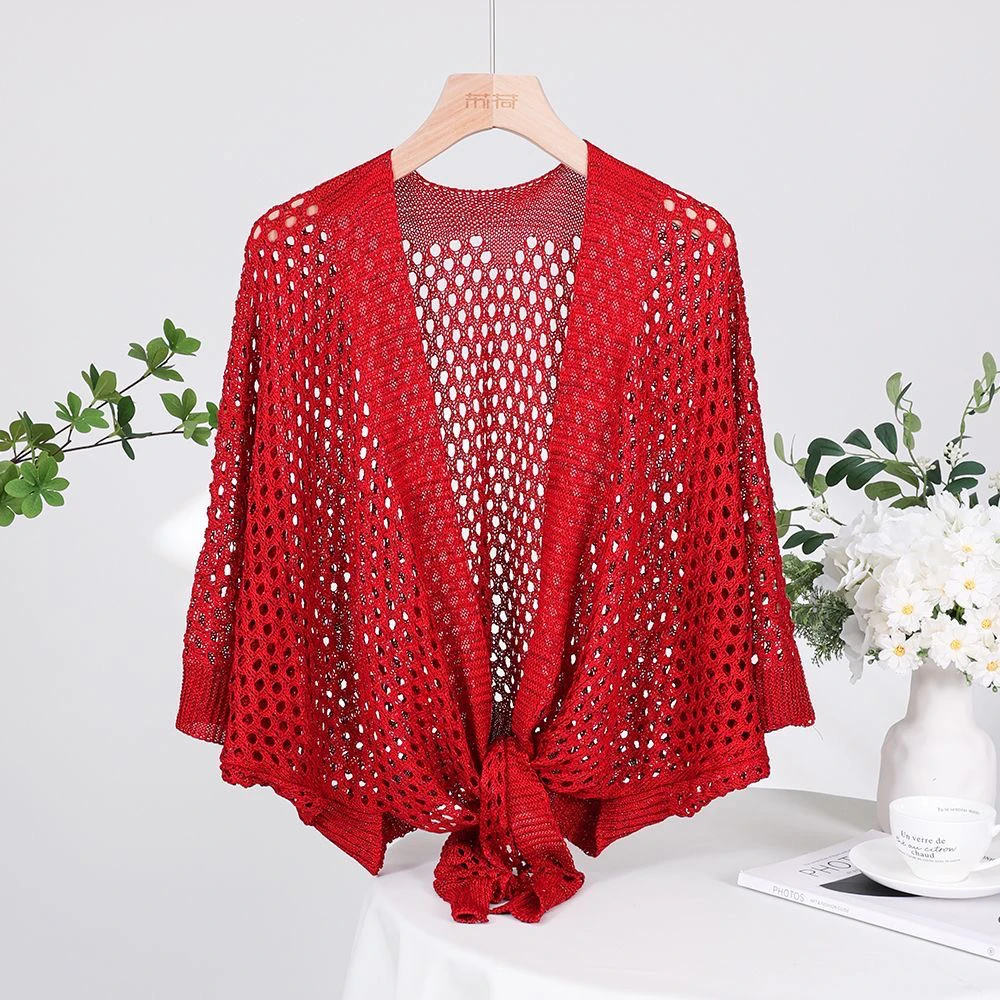 Summer New Batwing Sleeve Mesh Ice Silk Versatile Weight Loss Outerwear  Cloak Shoulder for Women Knitted Air Condit...