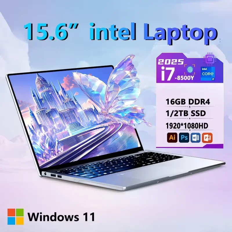 

2025 New Notebook 15.6 Inch Laptop Windows 11 Intel Core i7 8500Y 16GB RAM 1TB SSD Fingerprint Unlock Study Office Pc Laptops