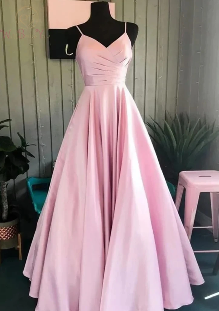 

Customized Prom Dresses A-line V Neck Spaghetti Straps Cross Lace-up Long Ruching Pink Satin Women Formal Party Evening Gowns