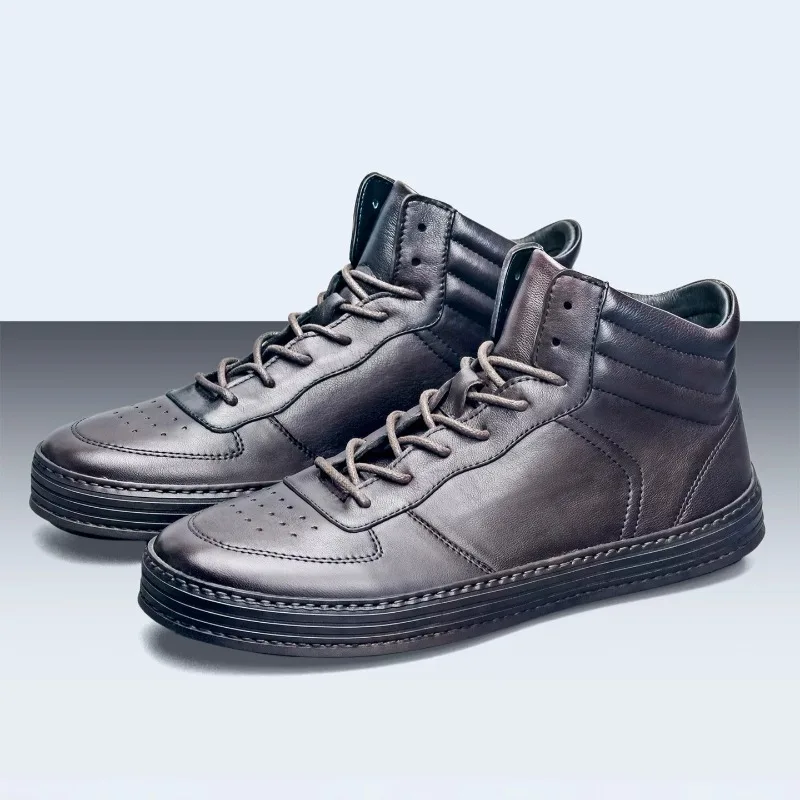 

High Top Board Shoes Men Designer Luxury Outdoor Handmade Genuine Leather Thick Sole Flat Oxford Shoes Male Casual Sneakers