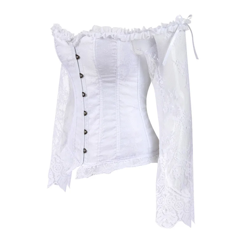 Sapubonva Corset Tops for Women with Sleeves Vintage Style Victorian Retro Burlesque Lace Corset and Bustiers Vest Fashion White