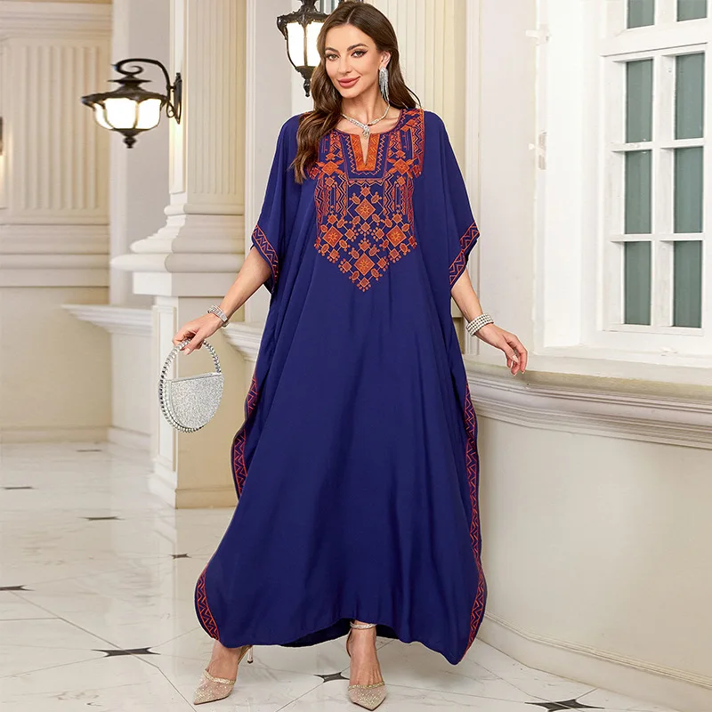 Sukienka maxi z haftem w stylu vintage z 2025 roku, seksowny dekolt w serek, rękawy nietoperzowe, wysoki stan, tunika, odzież damska, letnie sukienki plażowe.