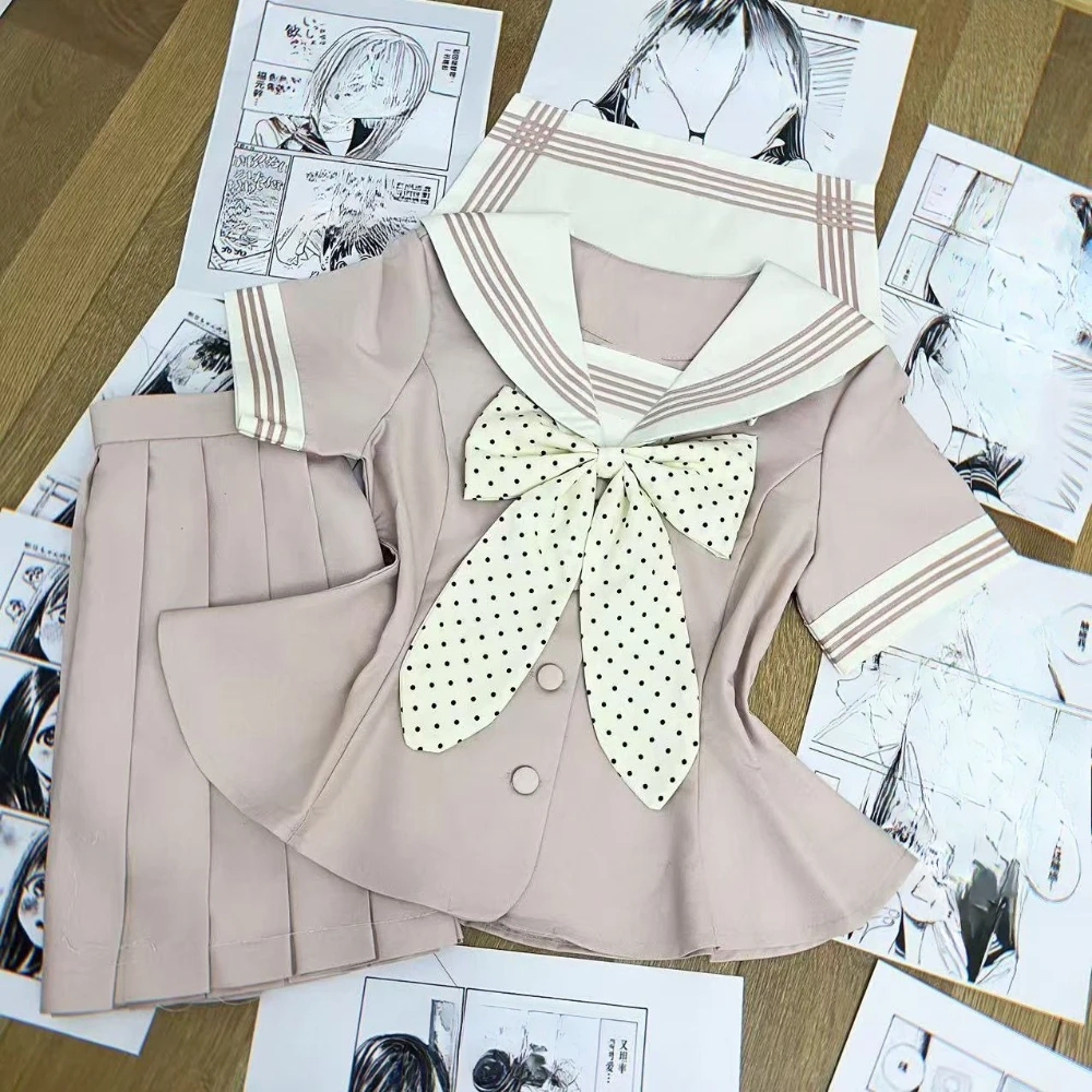 

Lolita Japanese Style 2 Piece Skirt Sets Kawaii Bow Short Sleeve Tops + Y2k Pure Color Mini Skirts 2000S Harajuku Vintage Suits