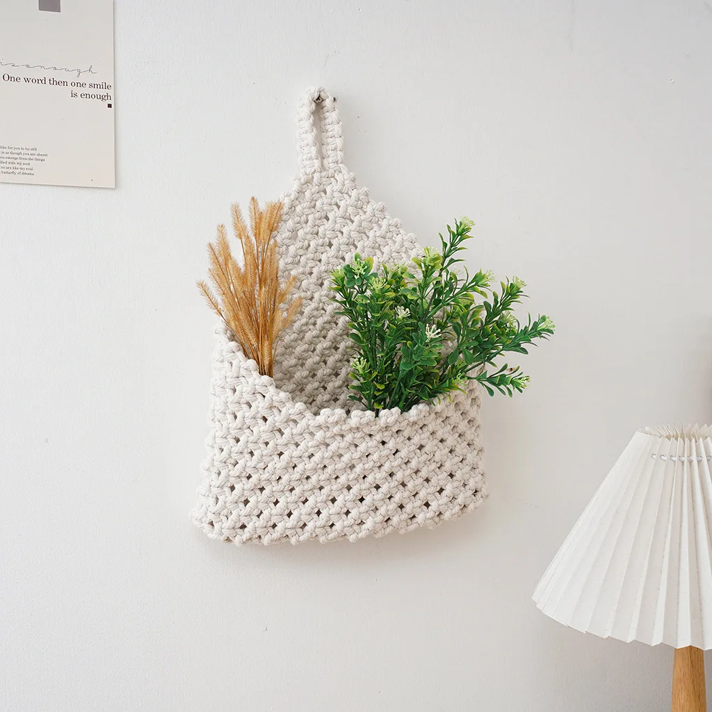 Knitted Hanging Storage Basket Handmade Woven Wall Organizer for Home Decor and Plant/Accessory Storage Tapestry