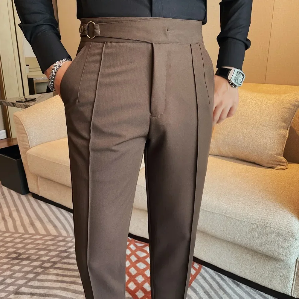 High Waist Men Suit Pants 2024 Autumn British Style Slim Fit Solid Business Casual Formal Dress Trousers Fashion Men Clothing