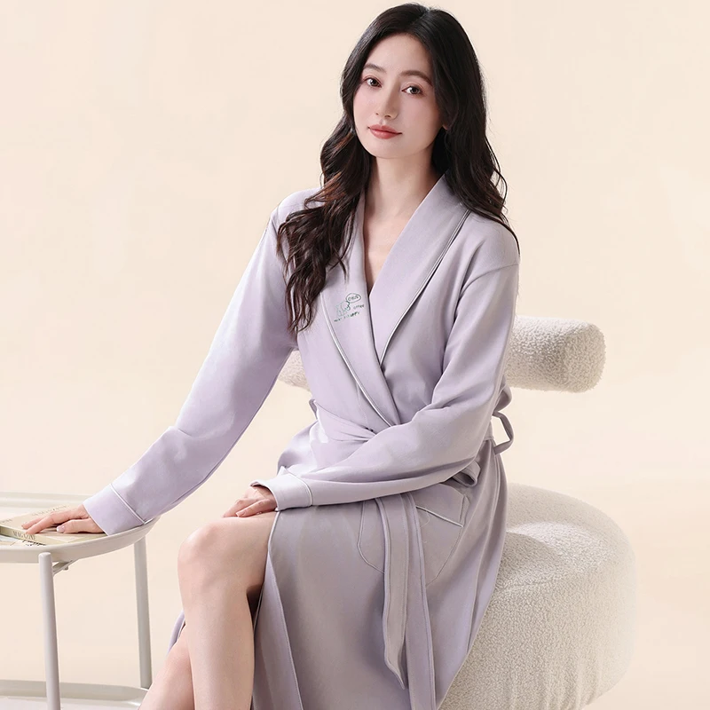 Autumn Bathrobe Women Full Cotton Sleep Tops Kimono Robes For Female Solid Color Robes Long Bath Robe Bride Robe Dressing Gown