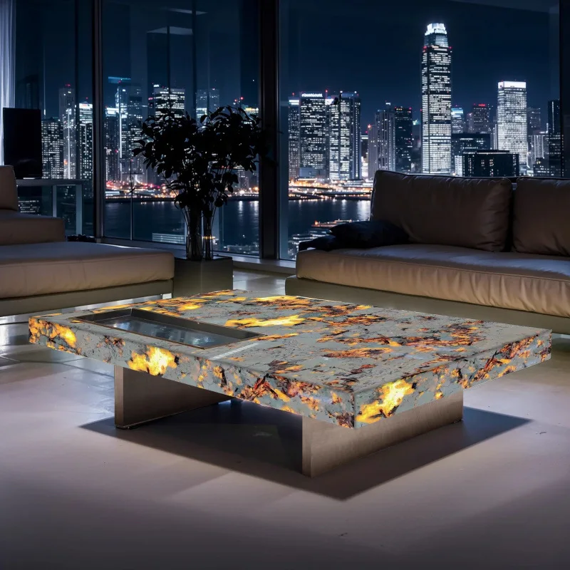 

Peacock open screen luxury stone box coffee table luminous rectangular living room jade villa marble natural light luxury