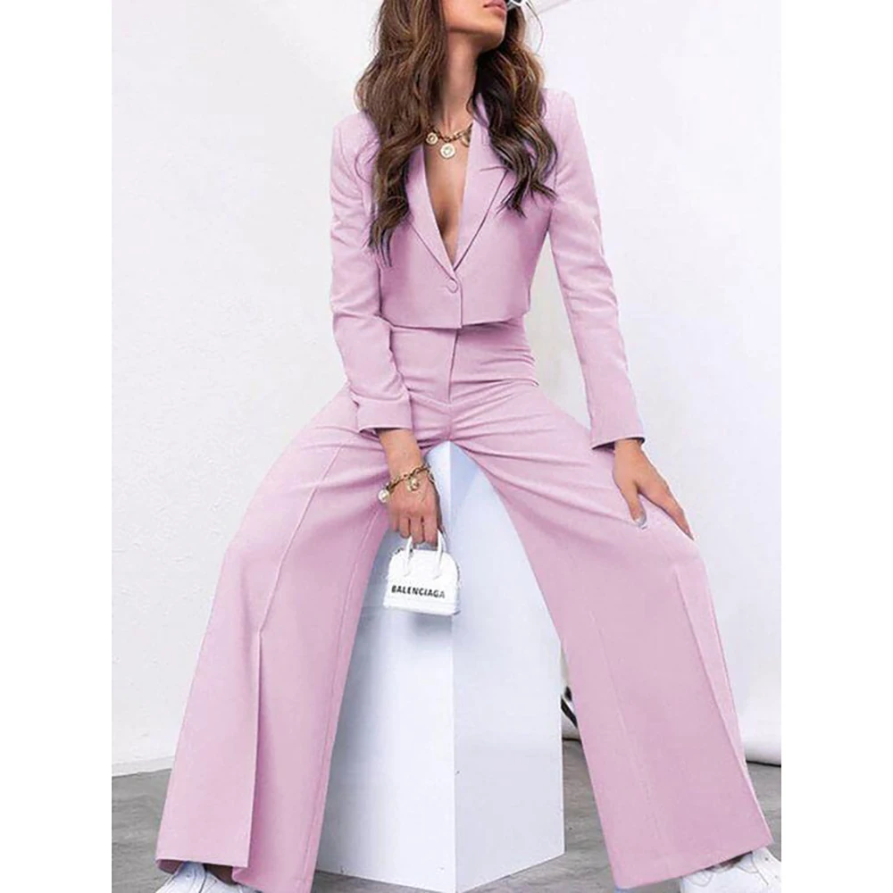 Chic Solid Color Women Pants Set High-end Single Button Female Two Pieces(Blazer+Trousers)أطقم بناطيل