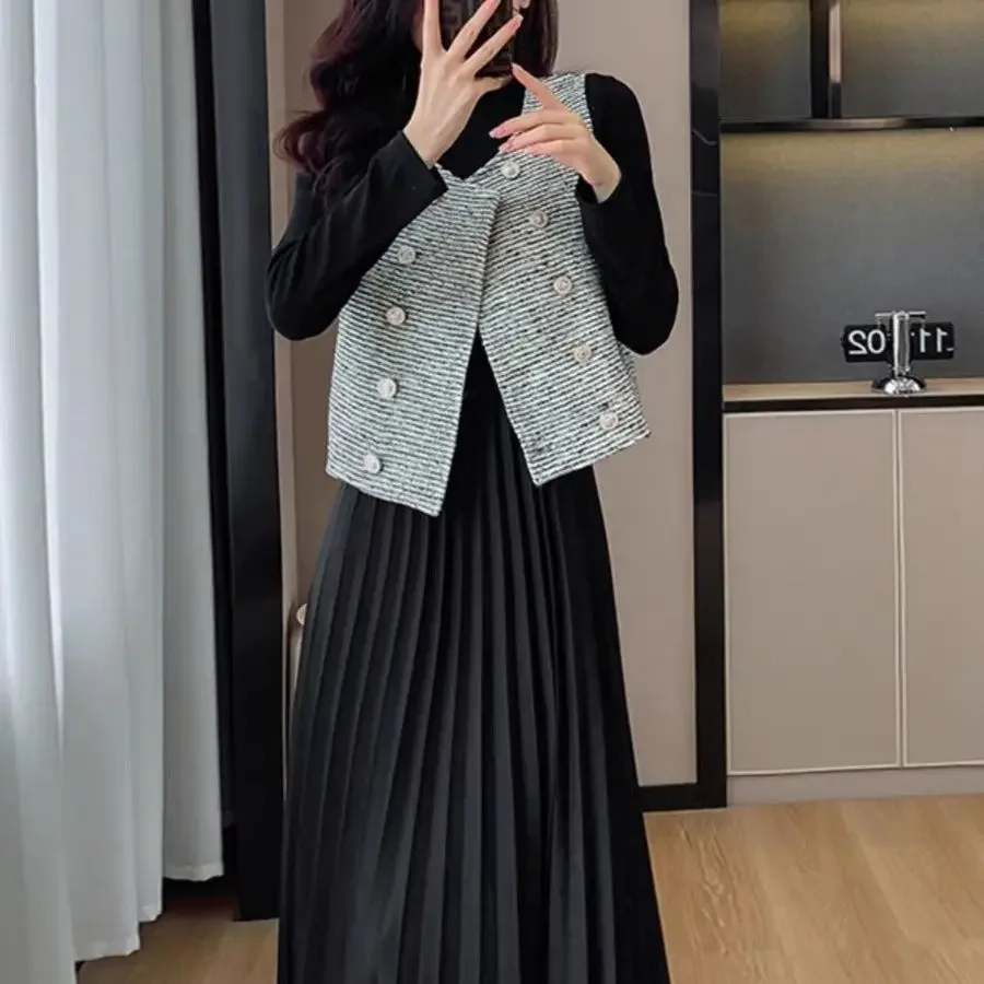 Fashion Vest Dress Two Piece Set for Women's Autumn and Winter Korean Version New Temperament Pleated Long Dress Set