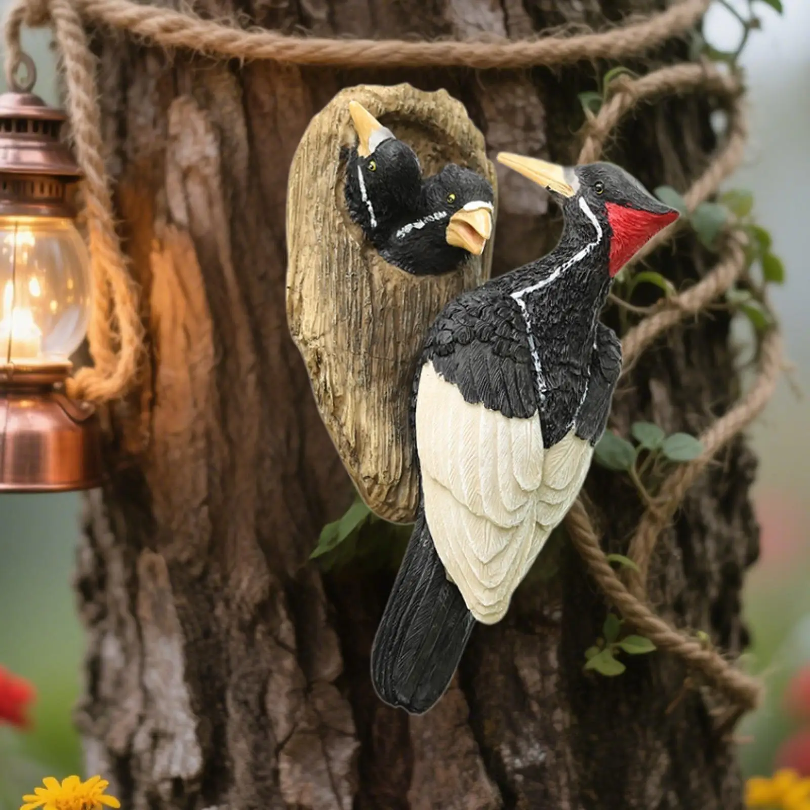 Simulated Woodpecker Tree Hugger Statue Resin Craft Realistic Lightweight for