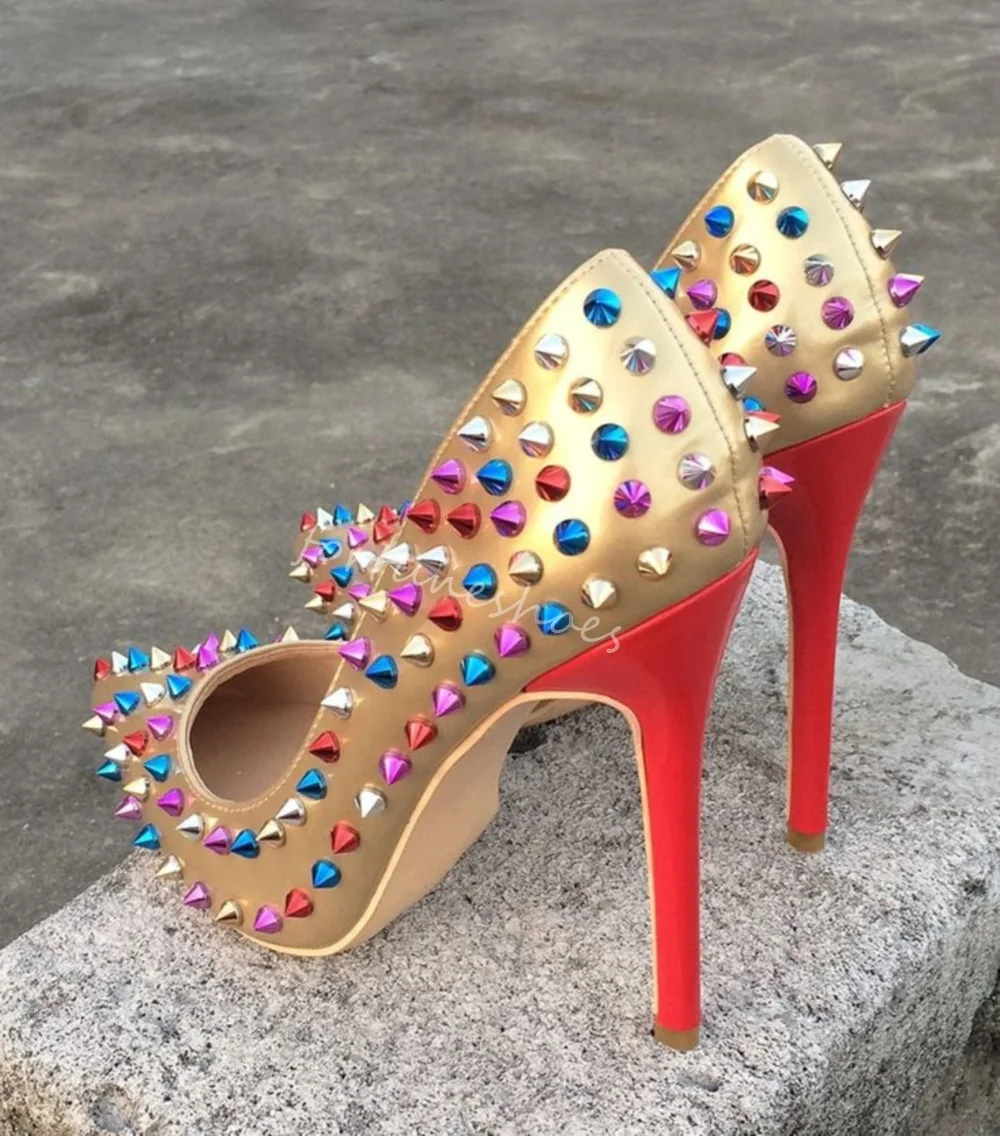 

Colorful Rivet High Heels Women Pointed Toe Shallow Slip On 12cm Stiletto Heel Gold Pumps 2025 New Fashion Punk Catwalk Sandals