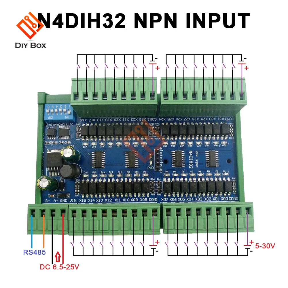 32CH PNP NPN Isolated Digital Input RS485 Modbus Rtu Controller DC 12V 24V PLC Switch Quantity Acquisition Board