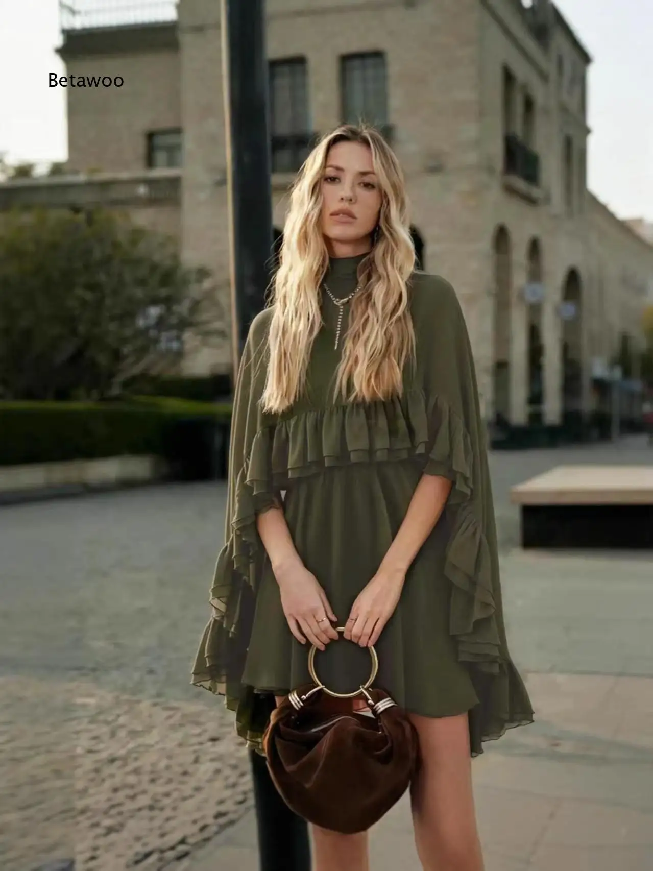 Women Stylish Two Piece Outfit Sleeveless Cami And High Neck Cape Sleeve Ruffled Flowy Mini Dress For Multiple Occasions
