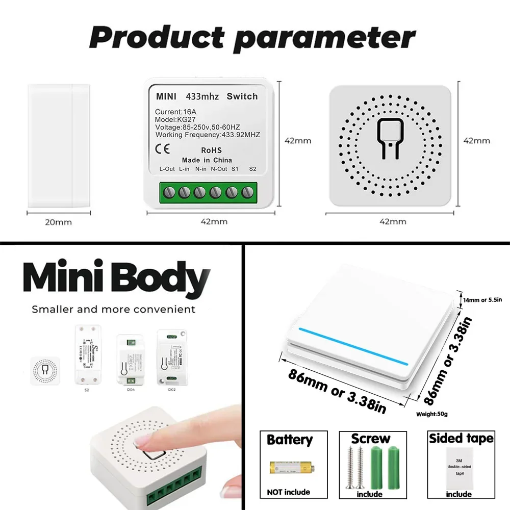 Wireless Push Button Switch 433mhz Rf Interruptor 16A 220V Mini Time Relay Support 2 Way Control,Smart Switch for Home Appliance