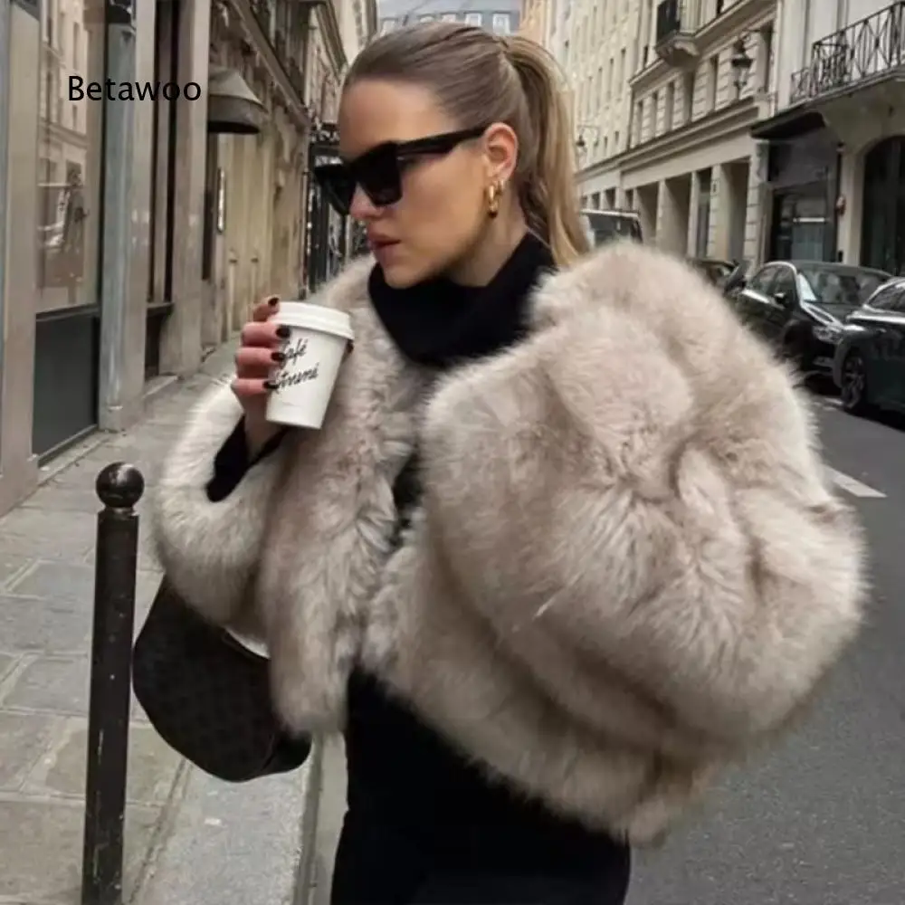 Womens Open Front Faux Fur Cropped Jacket Long Sleeve Solid Fluffy Plush Warm Coat For Autumn Winter Daily Street Outfit