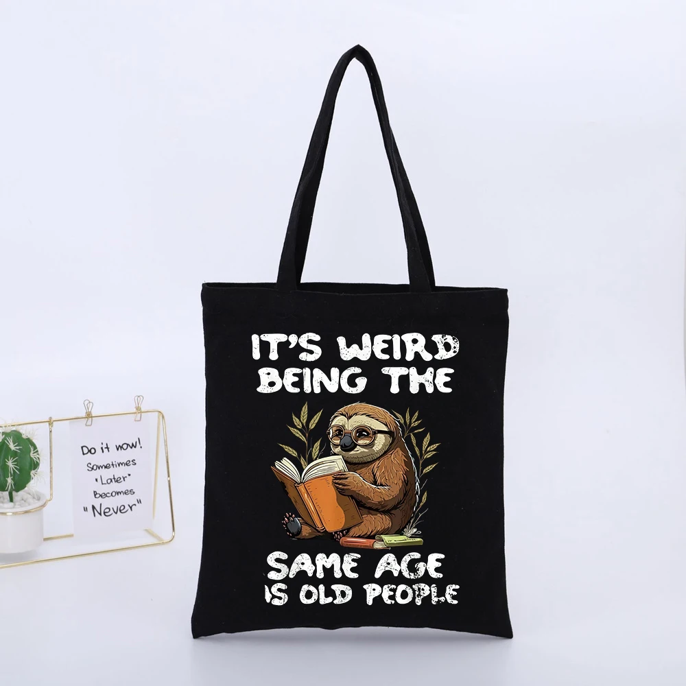 Sloth Reading Animal Graphic Black Canvas Tote Bag, Casual Style for Daily Shopping