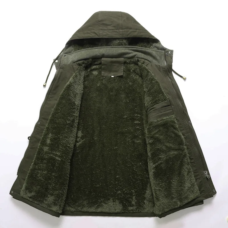 2025 New winter coat men plus fleece medium long Washed cotton jacket thickened padded coat fur collar warm men's wear