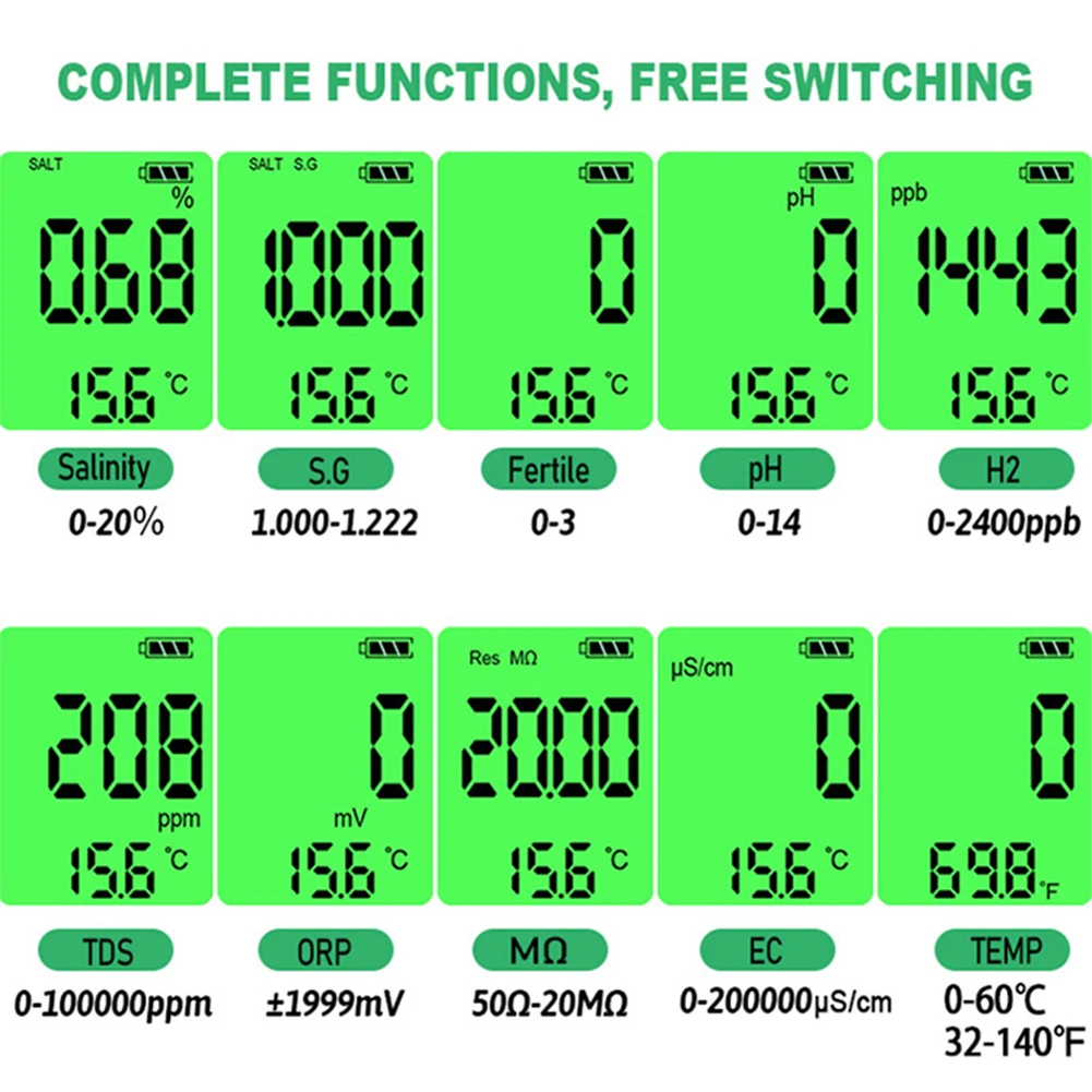 U50 10 in 1 Water Quality Tester PH/TDS/SALT/SG/ORP/EC/Hydrogen/Resistivity/TEMP/Nutrient Multifunction Testing Pen for Pool