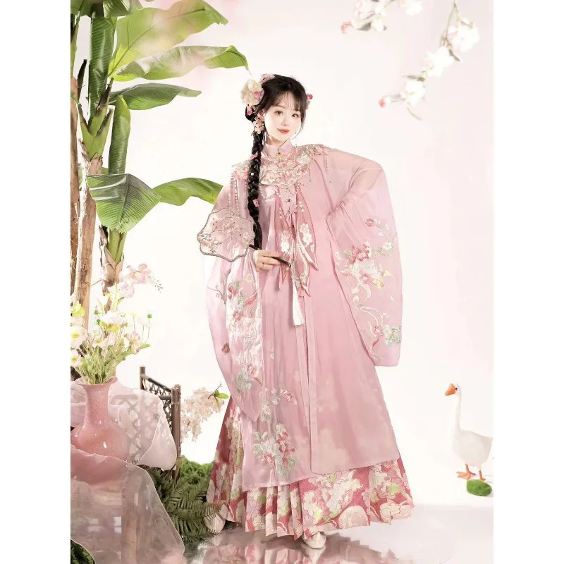 

232-Original Hanfu Ming Heavy Industry Embroidery Cloud Shoulder Stand Collar Long Shirt, Horse Face Skirt, Hairpin Flower Set