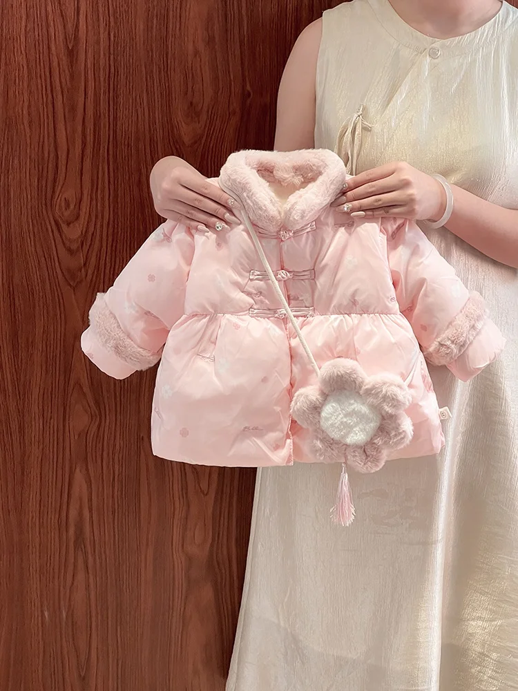 

Winter Thiened Fce Lined Cotton Jaet Stand Collar New Year Visiting Outfit for Baby Girls Warm Comfortable Outerwear
