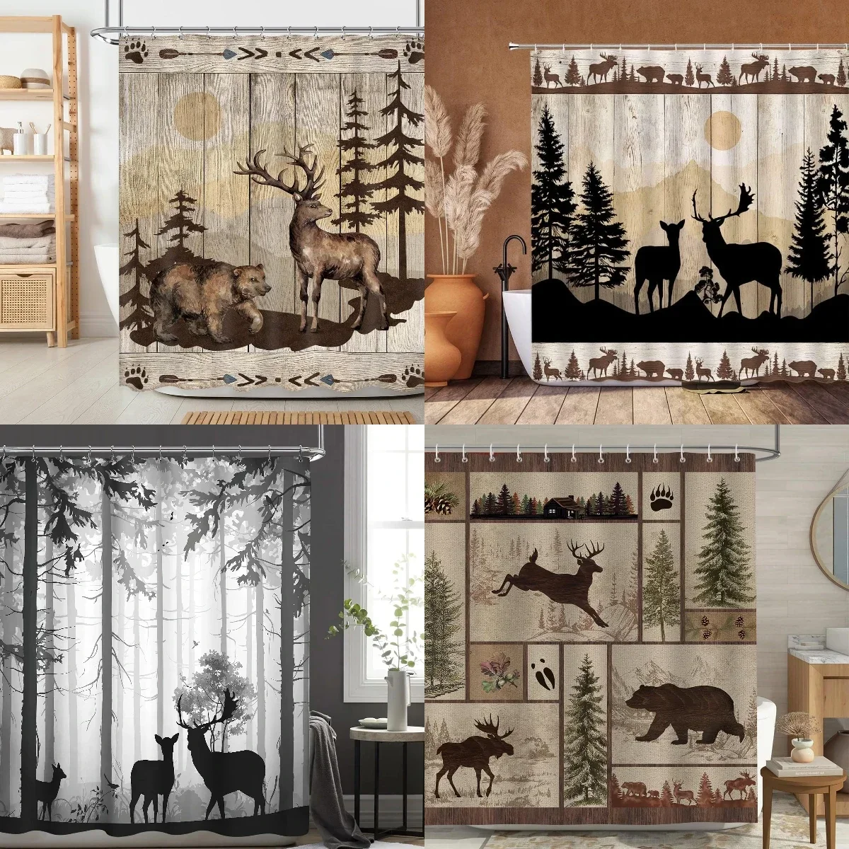 Fall Forest Shower Curtain, Farm Animals Bear Deer Vintage Wooden Barn Planks Wild Nature Mountain Sunset, Bathroom Decoration