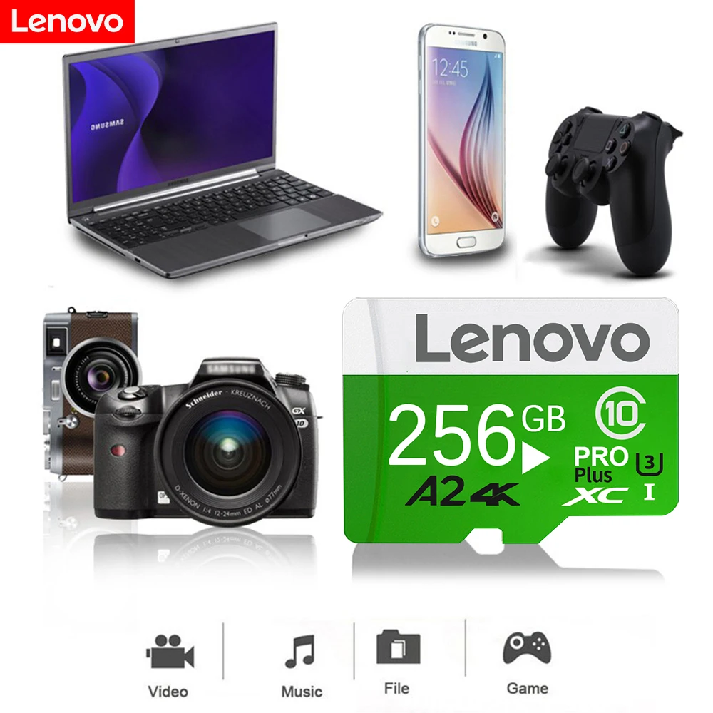 Lenovo-Mini Cartão de Memória com Adaptador SD Grátis, Micro Classe 10, 128GB, 256GB, SD, TF, Flash Card para Celular, Computador, Câmera, N