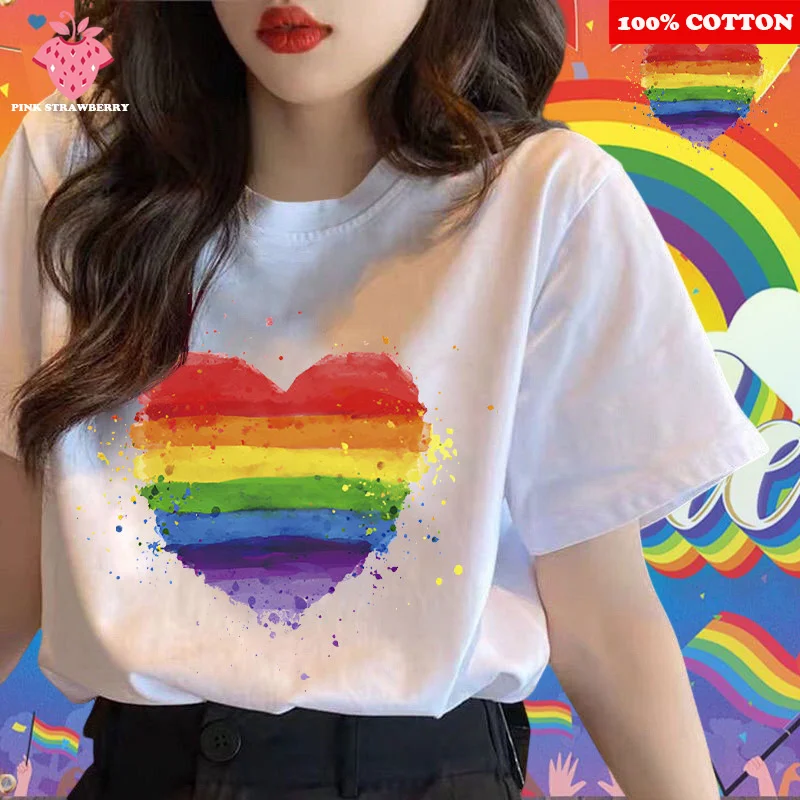 

Rainbow Love heart Print T-shirt Women Summer 2025New 100%Cotton high quality Short Sleeve T-shirt Casual Top Y2k Women clothing