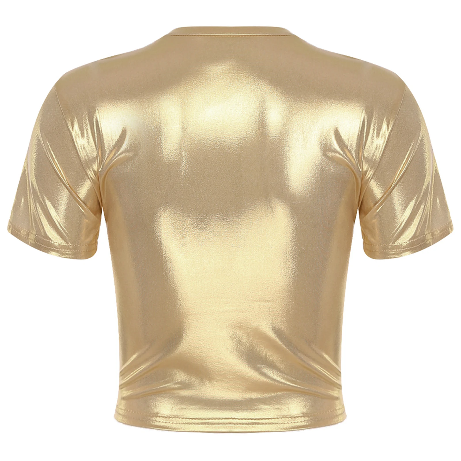 Damska metaliczna, błyszcząca bluzka crop top z okrągłym dekoltem, krótkim rękawem, dopasowana bluzka, top do tańca jazzowego na imprezy klubowe i rave'y.