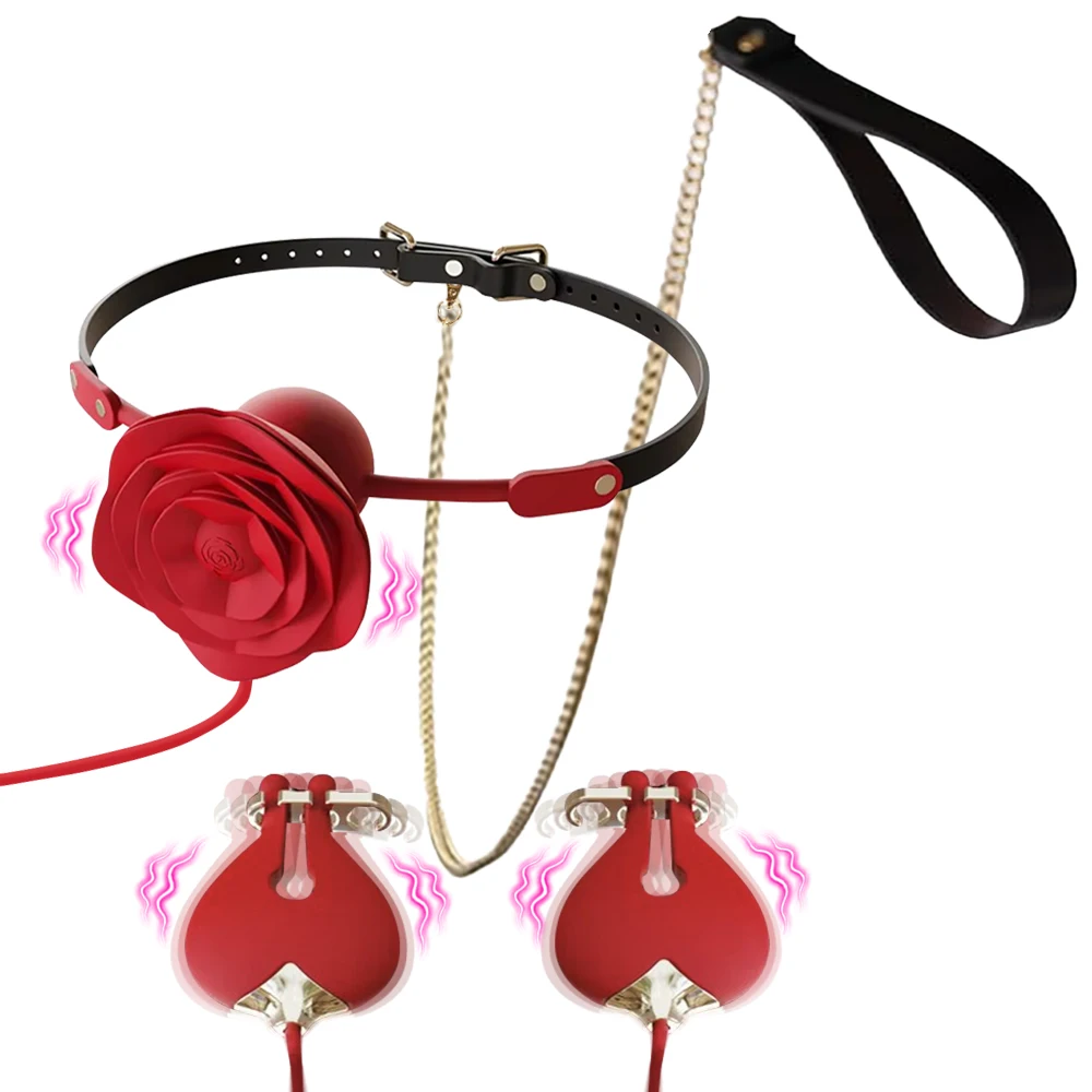 Nipple clamp vibrating collar mouth gag vibrator sex toys set sexual abuse stimulation BDSM slave traction ropefor female couple