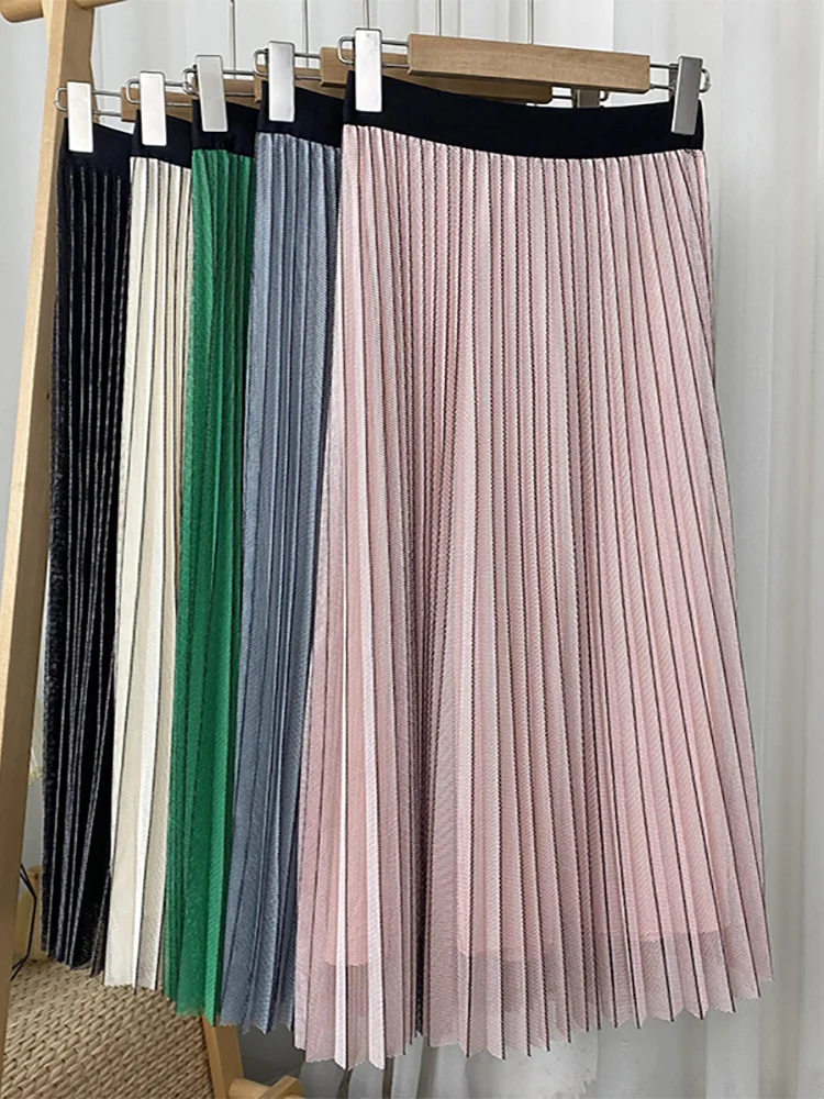 

Croysier 2022 Fashion Women Clothing Contrast Trim Tulle Skirt Elastic High Waist Mesh Midi Pleated Skirt Spring Summer Skirts