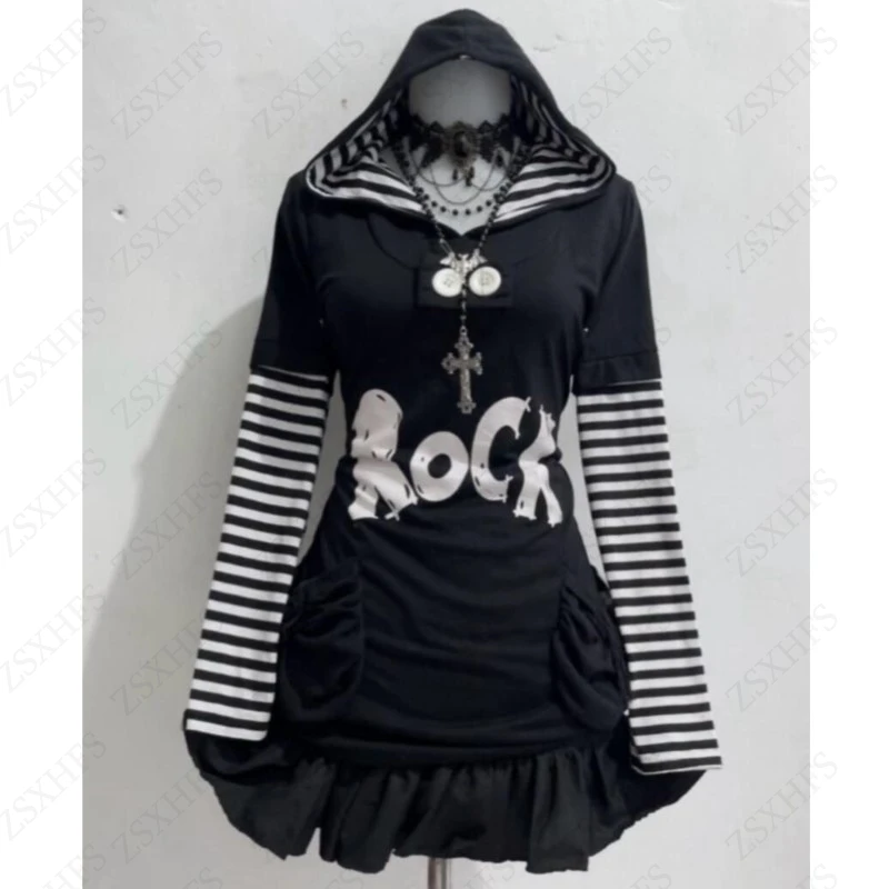 Subculture Dark Punk Hood T Shirts Y2k 2000s Hooded Patchwork Striped Long Sleeved Tops Cutecore Letter Printed Spicy Girl Tops