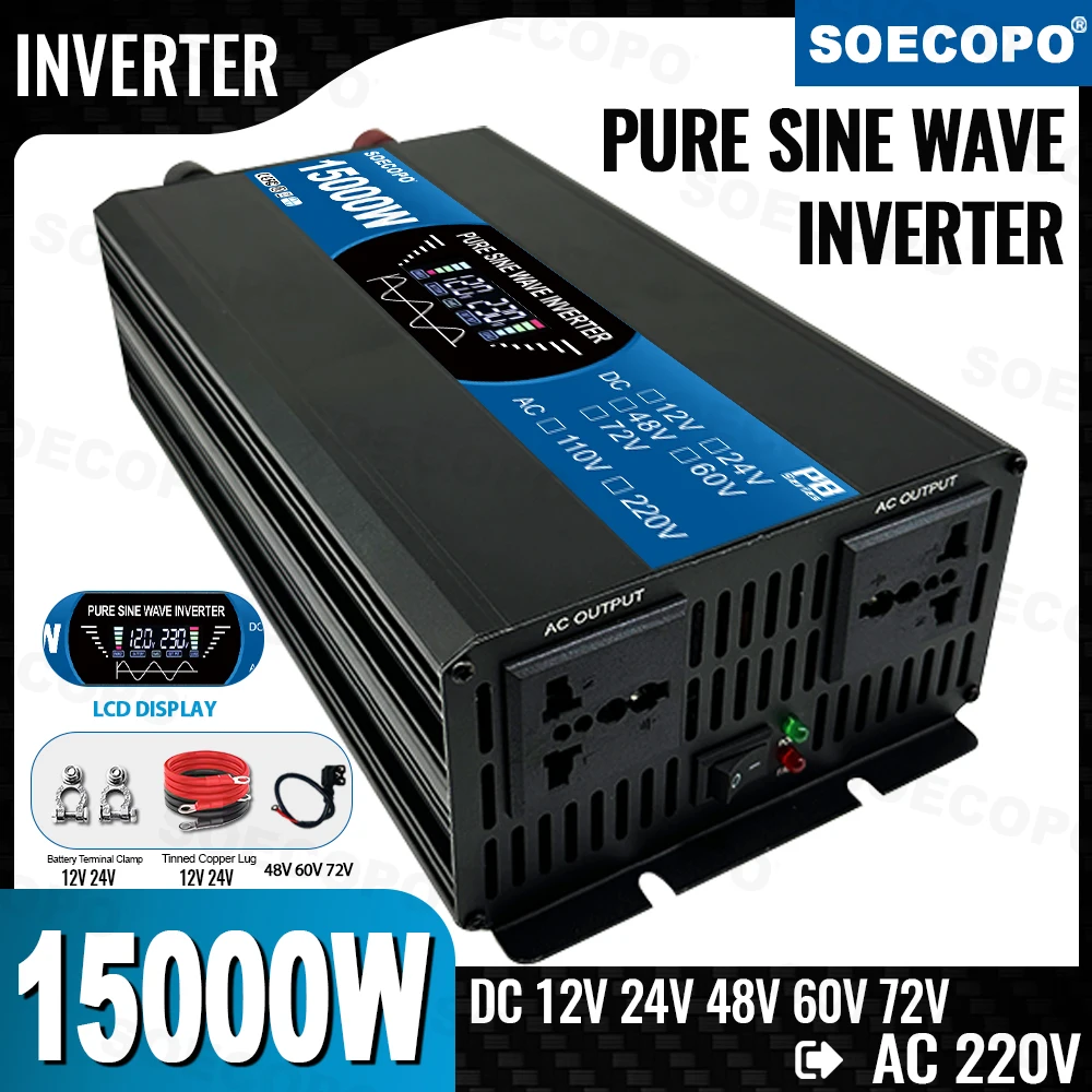 

SOECOPO 15000W Pure Sine Wave Inverter 12V/24V/48V/60V/72V to 220V Car Voltage Converter Power Adapter for Car Accessories