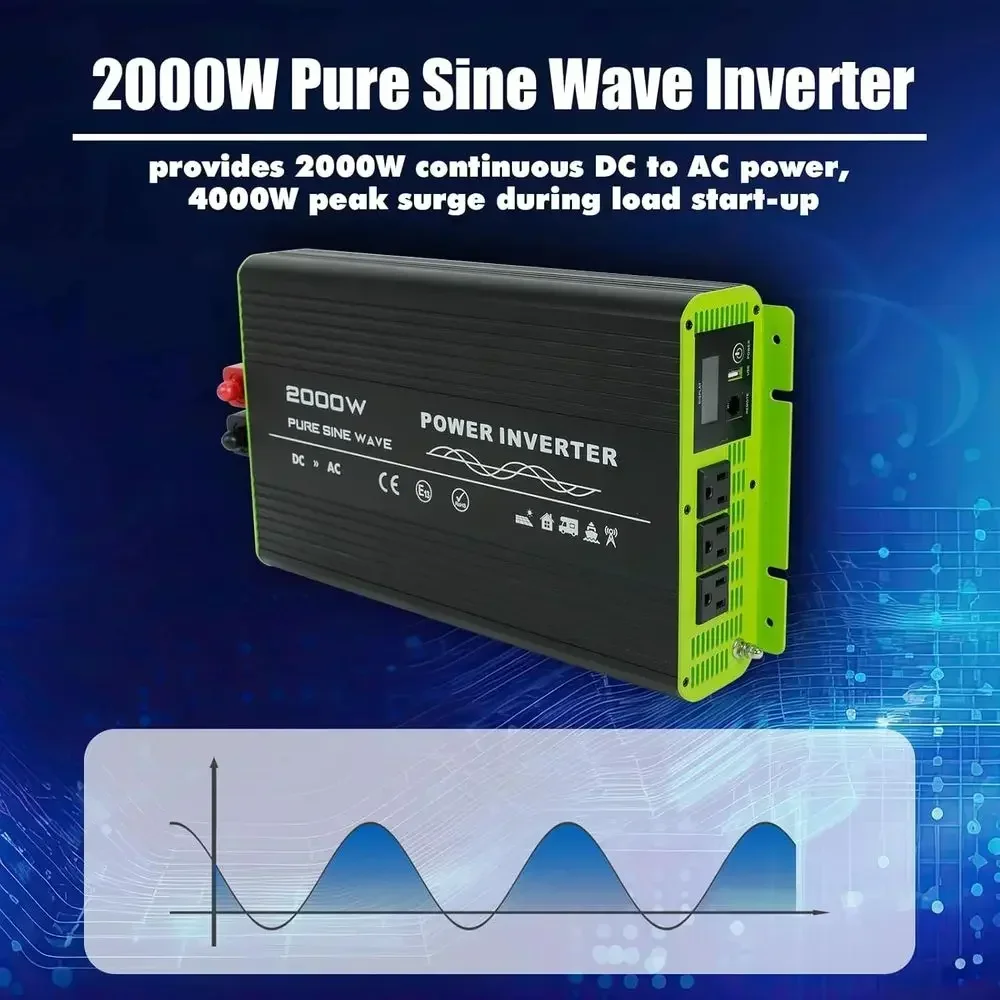 2000W Sine Wave Inverter, 12V DC to 120V AC, Compatible with Vehicles and Home, Includes 5V/2.1A USB and Hardwire Port, Remote C