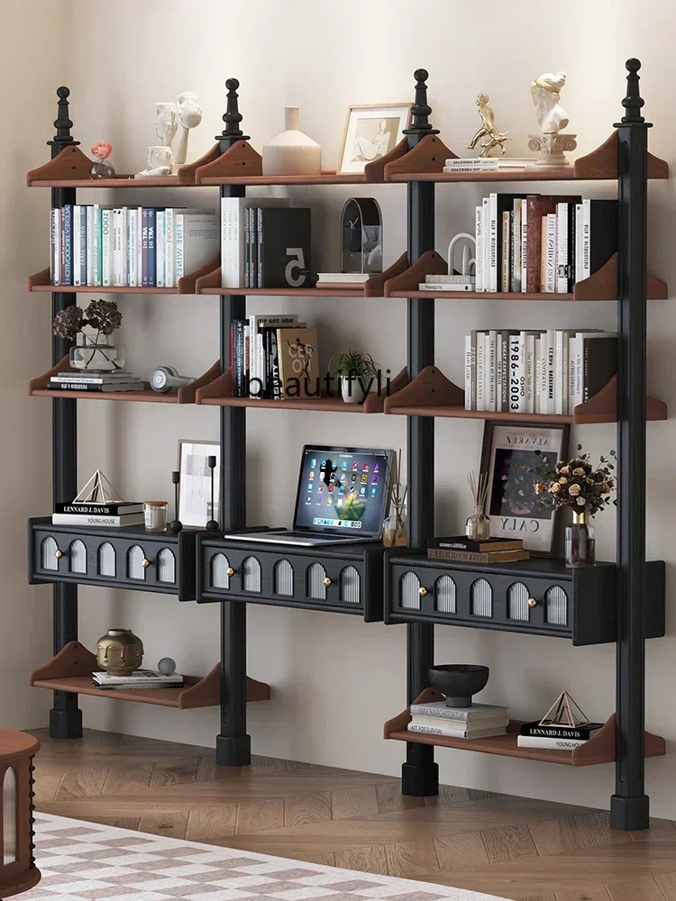 35Solid wood bookcase shelf French antique storage display cabinet American floor bookshelf
