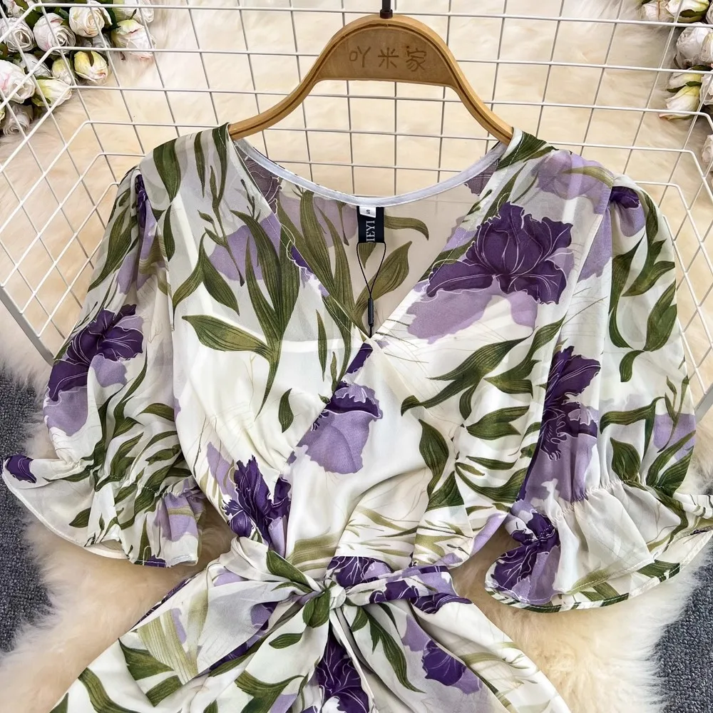 Alta qualidade frança verão roxo vestido de flor do vintage feminino babados chiffon floral impressão rendas até magro férias midi vestidos